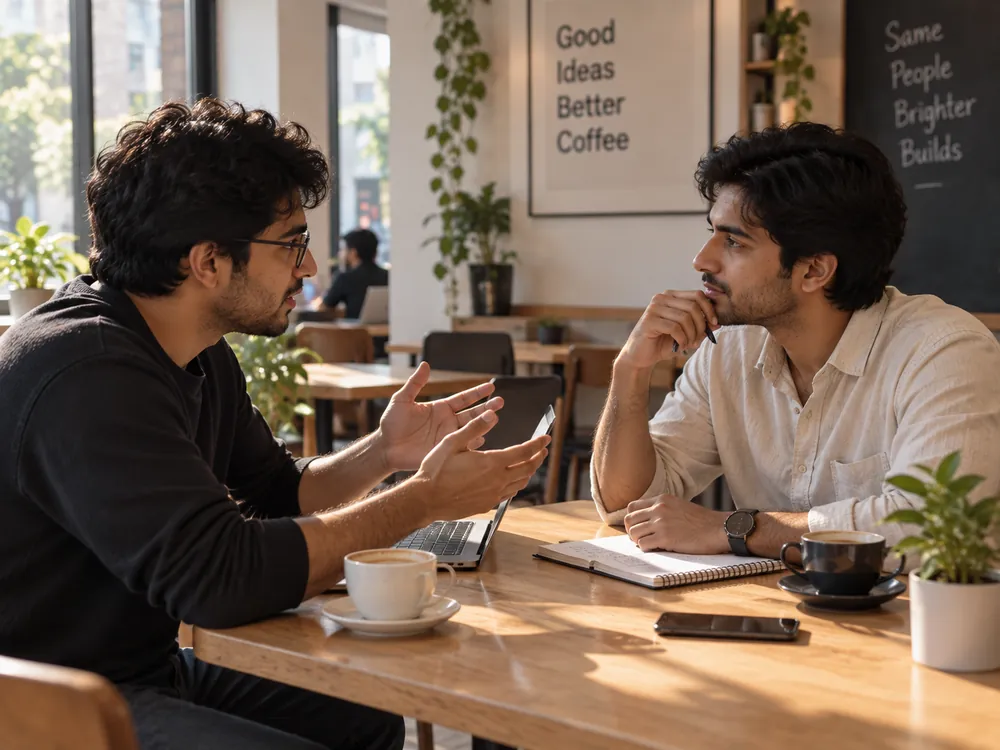 Two people in conversation over coffee, one explaining an idea with a laptop open between them