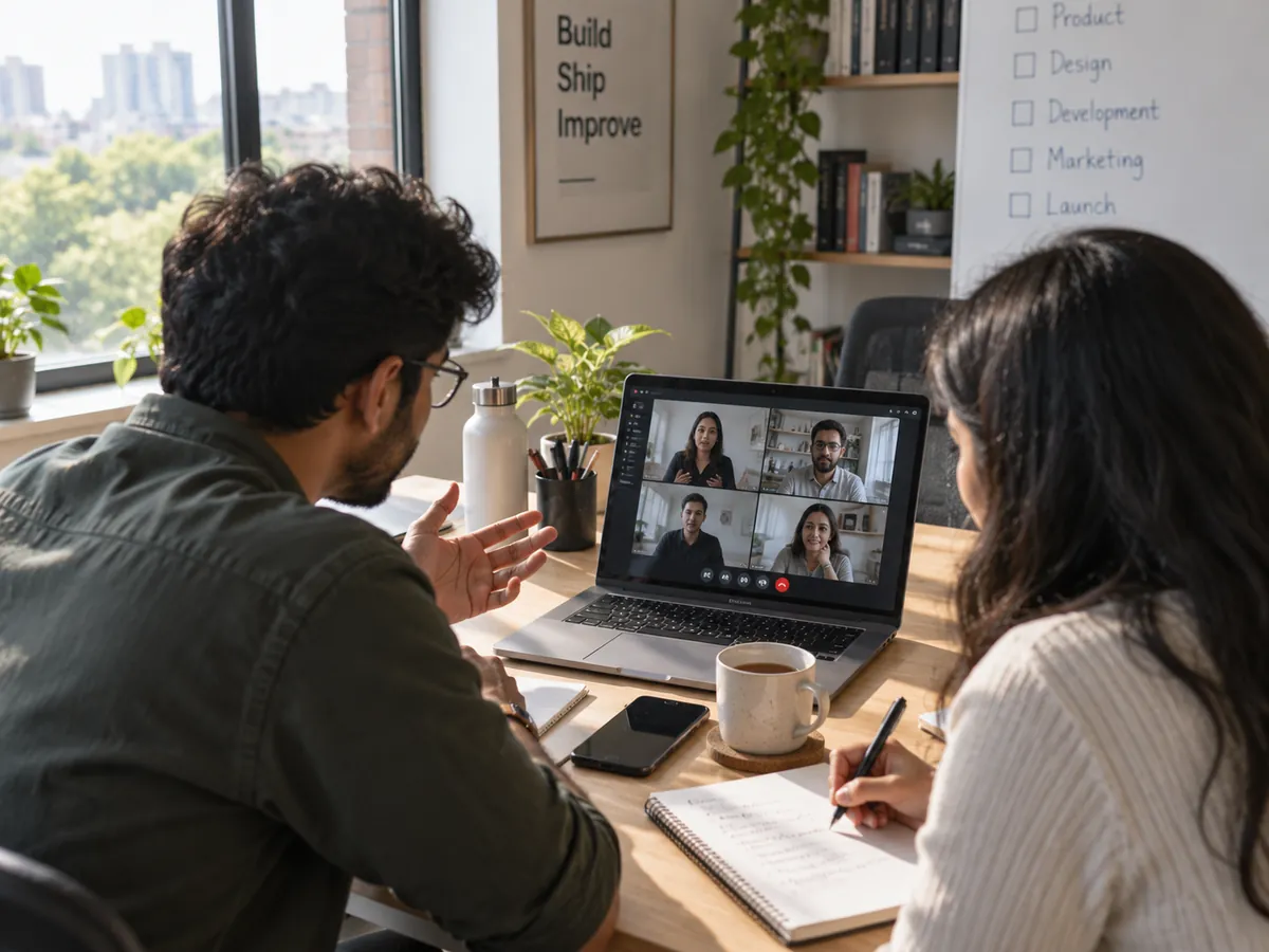 Two people reviewing a project on a video call, with a product, design, development, marketing and launch checklist on the wall